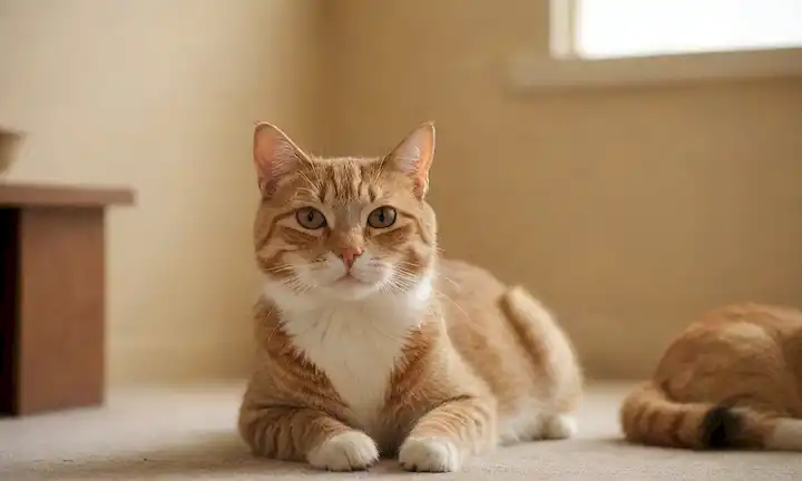 3-5 gatos mayores en varias poses, fondo de enfoque suave, tonos de color cálido, iluminación suave, caras de gato y oídos visibles, patas relajadas, sutil toque de una caja de basura o cuenco de comida