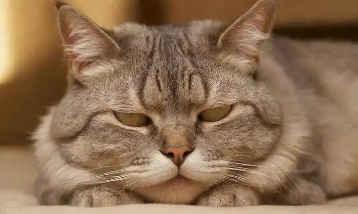 gatos mayores cara arrugada, piel gris, ojos cerrados, sonrisa suave, pose relajada, foco suave, iluminación caliente, colores calmantes, borda sutil, orejas felinas y silbidos, un toque de curiosidad