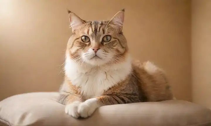 Un gato senior sentado cómodamente en un cojín suave