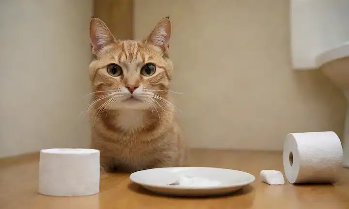 Una cara de gatos con una expresión confusa, sentado en una caja de basura con una mirada sorprendida, un gato con una pose estreñida en el fondo, un gato rodeado de rollos de papel higiénico, un gato mirando un tazón vacío, un gato con una expresión facial molesta, un gato con una mirada preocupada