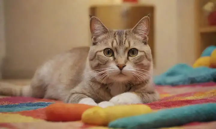 Un hermoso gato con piel brillante, acostado en una manta colorida, rodeado de juguetes juguetonos, y un tazón de comida fresca en el fondo, situado en un ambiente cálido y acogedor