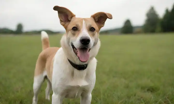 Un perro de aspecto amistoso con una expresión suave, cuerpo de tamaño mediano, orejas floppy y un abrigo suave, de pie en un campo pastoso o en un entorno natural, con un efecto borroso sutil para transportar movimiento, contra un fondo
<center><img decoding=