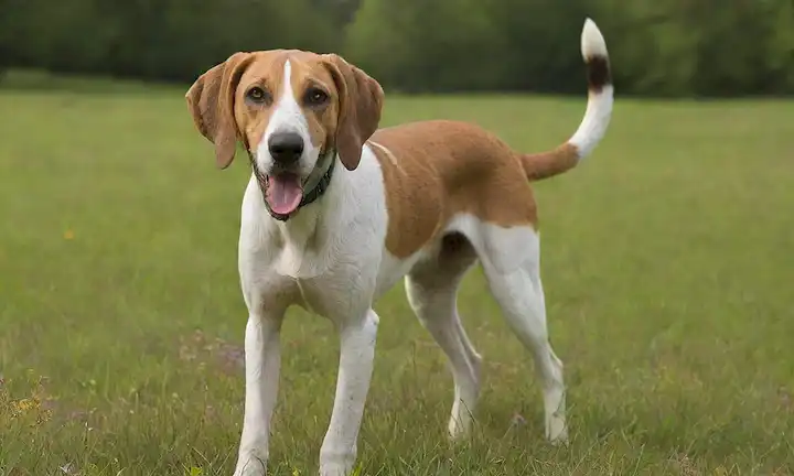 3D ilustración de una raza de perro Foxhound, de pie en un prado verde, rodeado de árboles y flores silvestres, con sus orejas afiladas ligeramente a la derecha, cabeza ligeramente inclinada para mostrar expresión amistosa, nariz apuntando hacia abajo como si olfateando el aire, pata levantada fuera de tierra, en medio de zancada