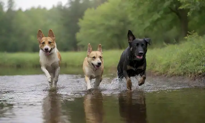3-4 perros en diversos escenarios, energéticos y ágiles, con abrigos cortos y orejas floppy, rodeados de follaje, tal vez un estanque o un bosque, con un fondo sutil que sugiere los grandes exteriores, el estado de ánimo global es juguetón pero sereno, transmitiendo un sentido de libertad y alegría