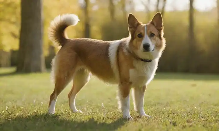 un perro con un abrigo corto, orejas de mediana longitud, y una cola arbolada, de pie sobre la hierba, rodeado de árboles, en una cálida luz del sol, con una expresión suave, postura relajada y ligero movimiento