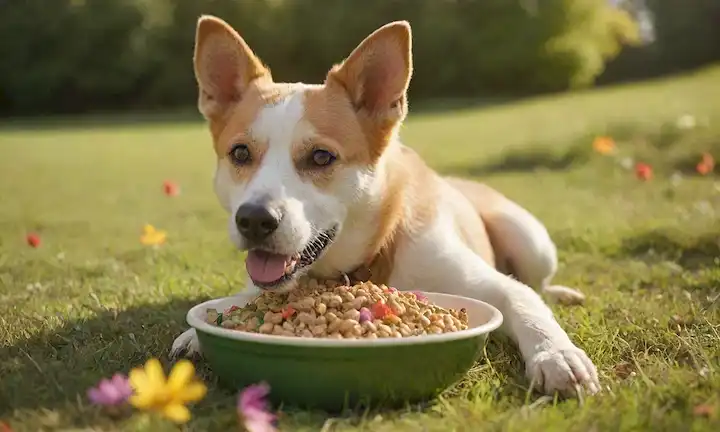 Perro 3D tumbado en hierba verde, rodeado de flores coloridas, sosteniendo un tazón en su boca con kibble dorado dentro, luz del sol brillando con sombras cálidas, fondo borroso sutil con impresiones de pata lúdicas
