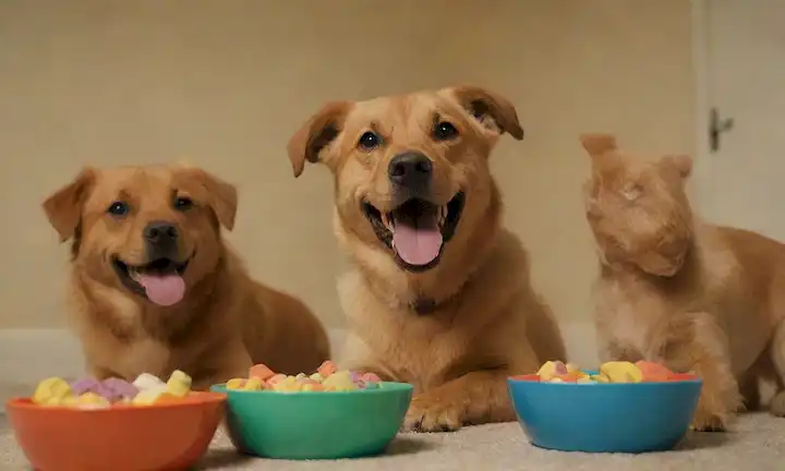 3 perros juguetonos con diferentes razas y colores de abrigo que juegan juntos, rodeados de tazones coloridos, golosinas y juguetes, una cálida luz dorada, suave fondo, atmósfera alegre