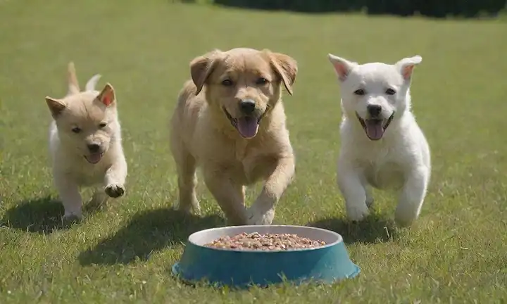 3 perros jugando juntos en un prado soleado, con un tazón de comida y agua cerca, perros felices y saludables, con su piel brillando en diferentes colores, cachorros corriendo alrededor, energía juguetona