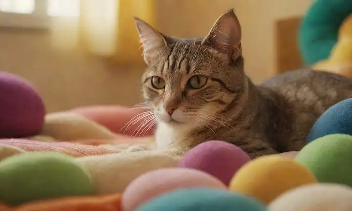 Un gato saltando en un colorido y suave arena acolchada con suaves curvas y crestas, rodeado de juguetes o objetos colgantes, fibras naturales o texturas, contra un cálido fondo neutro, iluminado con suave luz ambiente