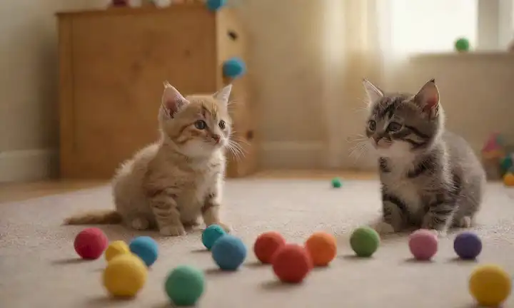 3-5 adorables gatitos jugando con juguetes, rodeados de catnip, bolas coloridas y plumas, en una habitación cálida y acogedora con luz natural, enfoque suave, rostros felices, expresiones curiosas, movimientos juguetonos, colores vibrantes