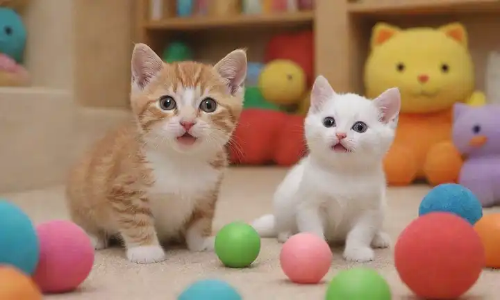 3-4 gatitos juguetonos, colores brillantes, ilustraciones de estilo de dibujos animados, fondo caprichoso, texturas divertidas, caras sonrientes, poses energéticas, algunos juguetes o objetos alrededor de ellos