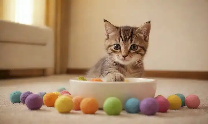 ilustración 3D de gatito feliz jugando con la pelota, rodeado de juguetes y golosinas de gato, en alfombra suave, iluminación cálida, colores suaves, pata de gatitos alcanzando para tocar un tazón de comida