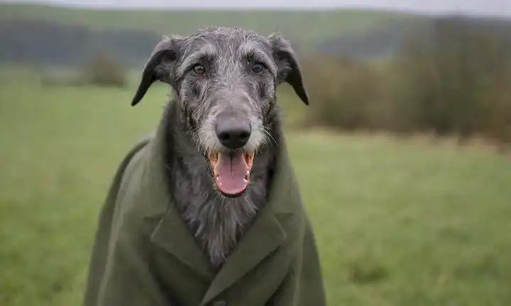 Deerhound escocés de pie en un campo verde, con árboles y colinas en el fondo, usando un abrigo de caza, sosteniendo un pájaro o pequeño juego en su boca, mirando directamente al espectador con ojos amistosos, rodeado de luz natural sutil