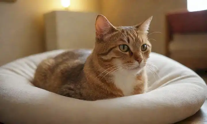 Un gato embarazada con un crecimiento sutil del vientre, sumido en una luz cálida, rodeado de telas suaves o un ambiente acogedor