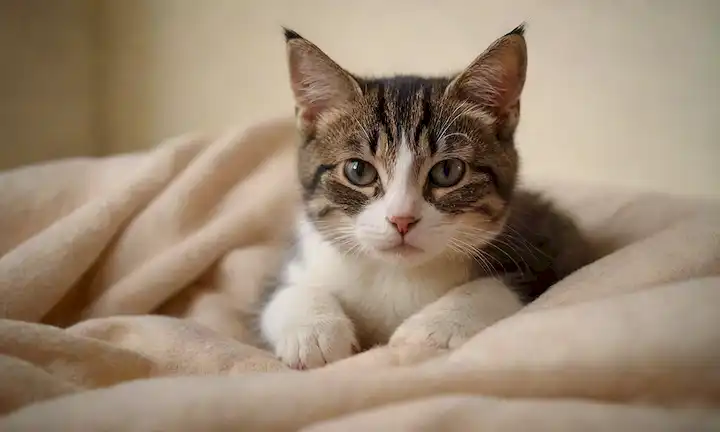 Un gato suave que cuelga su vientre con una pata, una manta suave que la rodea, un pequeño gatito visible dentro de ella, luz cálida y sombras que transmiten comodidad, fondo sereno, colores delicados, expresión tierna en la cara de gatos