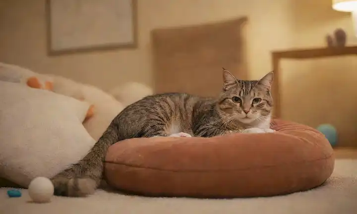 Una fotografía de tono cálido de una habitación acogedora y tranquila con iluminación suave, con un gato embarazada acostado en un cojín de felpa, rodeado de juguetes dispersos y suaves pinceladas de un fondo tranquilo, con texturas sutiles para evocar un sentido de serenidad y comodidad, transmitiendo la idea de un refugio tranquilo