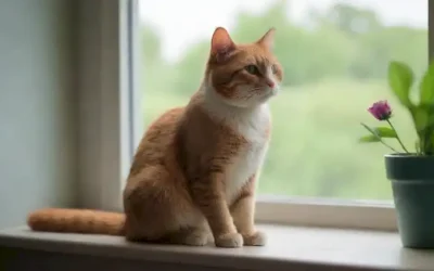Un gato tranquilo sentado en un ventanal con una vista serena del paisaje