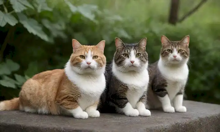 3-5 gatos adultos de diferentes razas, colores y patrones de piel variados, sentados o colgando en una superficie de piedra caliente, rodeado de vegetación exuberante, con iluminación sutil para destacar sus abrigos, algunos juguetes dispersos y objetos para jugar