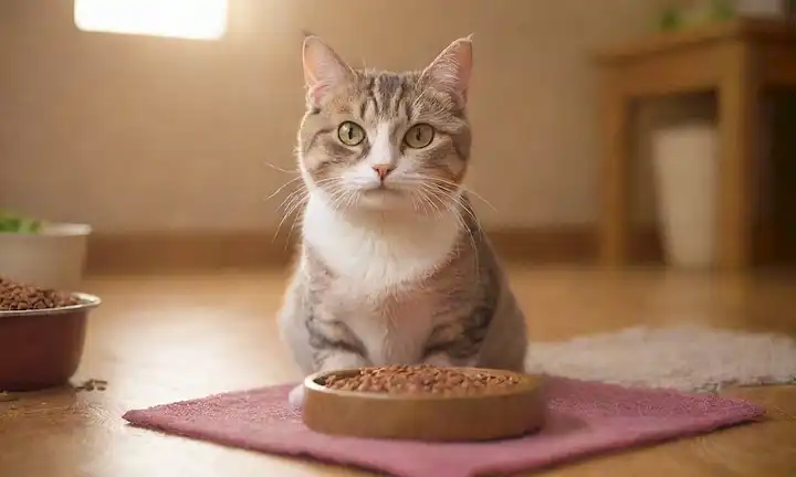 ilustración 3D de un gato feliz, sano con piel brillante y ojos brillantes, sentado en una mesa de madera o alfombrilla, rodeado de cuencos de comida para perros en diferentes tamaños y formas, con algunos alimentos dispersos alrededor, para transmitir selección y variedad, y una sutil luz caliente en el fondo