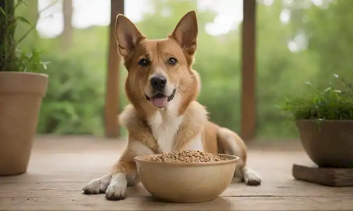 Una foto de tono caliente de un perro adulto sano sentado tranquilamente, orejas arriba y cola ondeando ligeramente, con un tazón de kibble delante de él, en un fondo de color natural como madera o piedra, rodeado de vegetación exuberante, con la fuente de luz que viene de arriba, mostrando los perros brillante abrigo