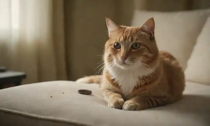 Un gato tranquilo sentado en un cojín suave, con iluminación suave, rodeado de pequeñas pulgas dispersas alrededor, pocos de los cuales están saltando de su piel, una pequeña lupa que se encuentra cerca para implicar inspección o investigación, sutiles indicios de un ambiente de vida desordenado en el fondo