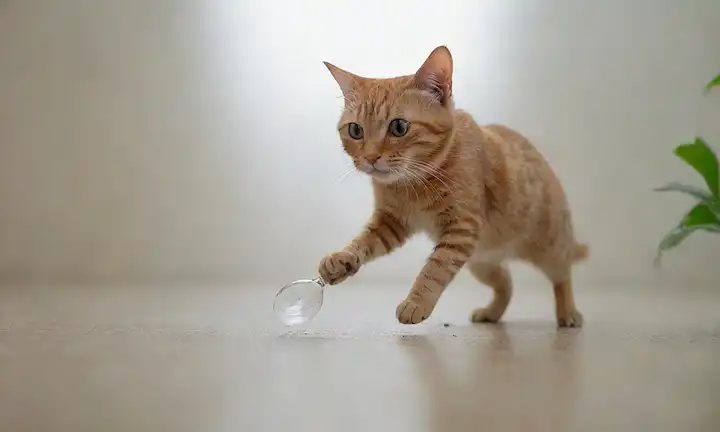un gato con pulgas saltando de la espalda, una lupa que examina una pulga en su piel, una solución de limpieza de burbujas de jabón en el aire, una casa aterrizando en una superficie sucia, una escoba barriendo escombros, una planta frondosa fresca, una espumosa hoja limpia