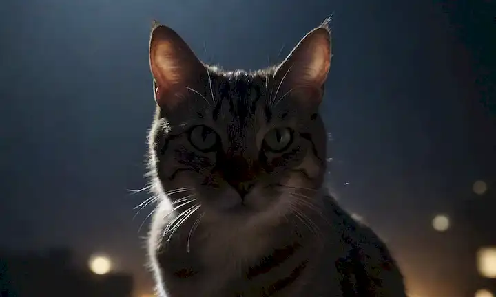 ilustración 3D de una cara de gatos con ojos brillando en la oscuridad, rodeado de sombras y luz de luna, wisps sutiles de niebla, estrellas débiles y siluetas de paisaje urbano distante