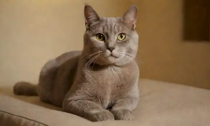 Gato británico de pelo corto sentado cómodamente en un cojín suave, con una expresión tranquila y suave, rodeado de cálida iluminación, contra un fondo neutro, quizás con algunas sombras sutiles en su piel, transportando serenidad y tranquilidad