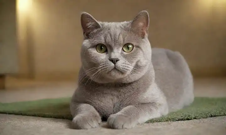 ilustración 3D, gato británico Shorthair, expresión tranquila, piel suave, ojos verdes, pose relajada en una alfombra o manta, con un fondo sutil gradiente, iluminación cálida y muebles mínimos, mostrando los gatos características adorables