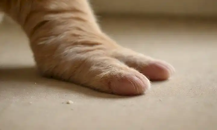 Un acercamiento de una pata de gatos, con sus garras extendidas, sobre una superficie suave, rodeada de partículas sutiles de polvo, con un sendero de olor débil en el fondo, y un indicio de misterio o curiosidad en la mirada felino