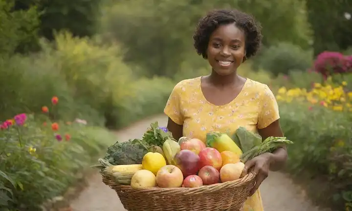 Un fondo amarillo brillante, una persona sonriente con piel oscura que sostiene una canasta de productos frescos, rodeado de vegetación exuberante y flores coloridas, con un patrón sutil de hexágonos en la distancia, transportando sostenibilidad, comunidad y crecimiento
