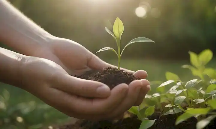 Una persona que sostiene una pequeña planta en una mano y toca suavemente el suelo con su otra mano, rodeada de un ambiente sereno al aire libre con flores floreciendo, la luz del sol filtrando a través de los árboles, y vegetación suave, transportando calma y conexión a la naturaleza