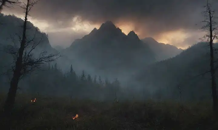 Una oscura y tormentosa escena nocturna con una robusta cordillera en el fondo, un denso bosque con árboles torcidos y un bajo cepillo, una figura en la distancia que huye de un enjambre de pájaros o insectos, un sentido del caos y el desarray, parpadeando antorchas o luces, y una sutil niebla o niebla.