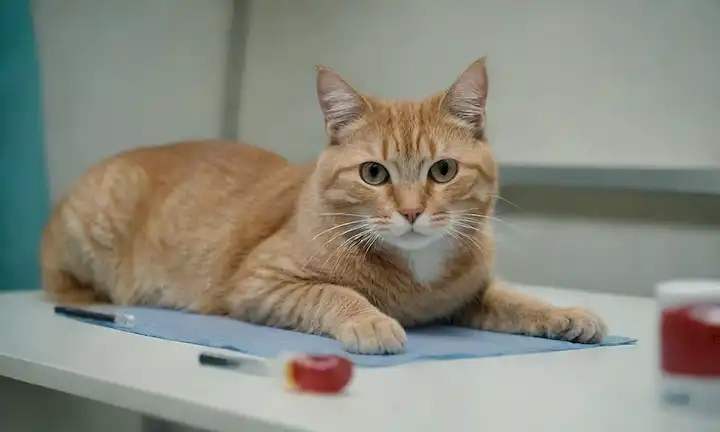 Un gato con una expresión preocupada, acostado en una mesa de exámenes veterinarios, rodeado de equipo médico, con una pata tocando un objeto en forma de riñón, y un ligero indicio de una muestra de orina que se analiza en el fondo