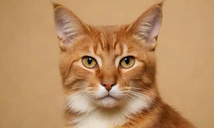 Una cara de gatos somalíes, piel de oro, ojos llamativos, suaves silbidos, orejas curvas, una expresión curiosa, en contra de un beige cálido o de color crema, con sutiles toques de sabana africana o paisaje del desierto, transmitiendo un sentido de elegancia natural y naturaleza