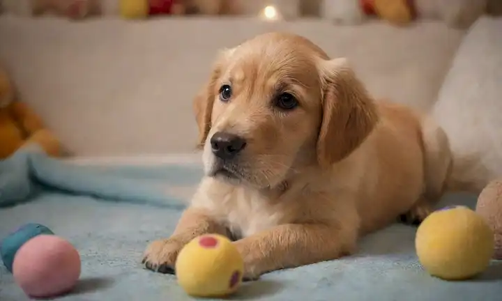 cachorro de recuperador de oro tumbado en una manta con grandes ojos marrones mirando hacia arriba, rodeado de juguetes y golosinas, iluminación caliente con enfoque suave