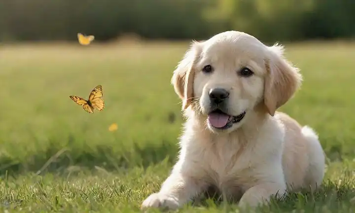 Un cachorro de recuperador de oro, juguetón y curioso, en un prado verde, con una mariposa o una flor cerca de su pata, una suave luz del sol, textura de piel suave, expresión facial adorable, acercamiento amistoso a la cámara, sentado en la hierba o tumbado cómodamente