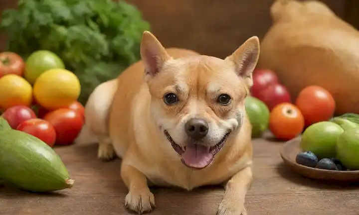 ilustración 3D de un tazón con atún dorado, rodeado de verduras frescas y frutas, en un mantel rústico de madera con un toque de luz solar, con un perro de aspecto de contenido en el fondo que ondea su cola, con sutil textura y sombra para dar una sensación de realismo