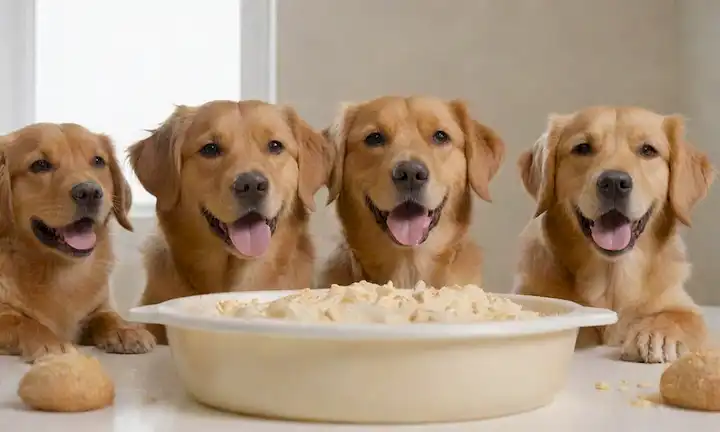 Una imagen de un delicioso dulce de color dorado con una textura suave y cremosa de mousse, rodeado de alegres perros ondulantes con abrigos brillantes, en un fondo blanco o crema, con luz natural reflejando fuera de la superficie, tal vez con algunas sombras sutiles para mejorar la profundidad