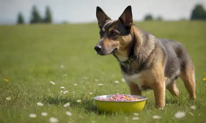 ilustración 3D, perro juguetón en un prado verde, rodeado de flores y hierba, con un abrigo saludable y piel brillante, nariz olfateando en un tazón de comida, colores vibrantes, expresión feliz, ambiente relajante