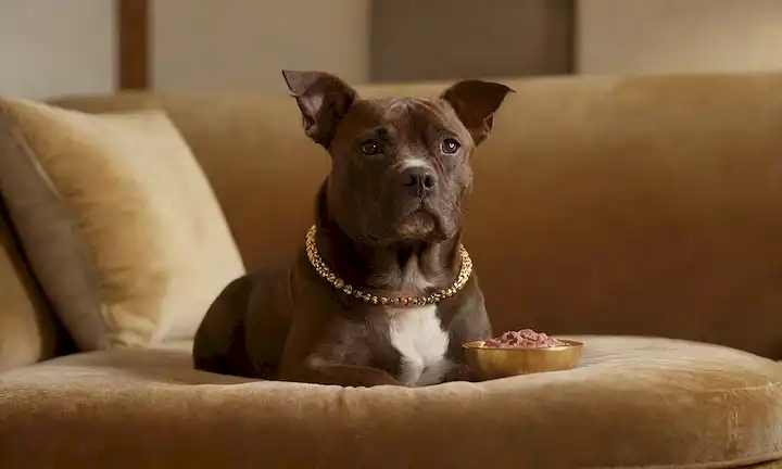 3D renderizado de un perro sentado en un lujoso cojín de terciopelo, rodeado de acentos dorados, con un delicado tazón delantero que contiene la muusse, un pedazo de ternera tierno visible, y un sutil toque de fondo soleado