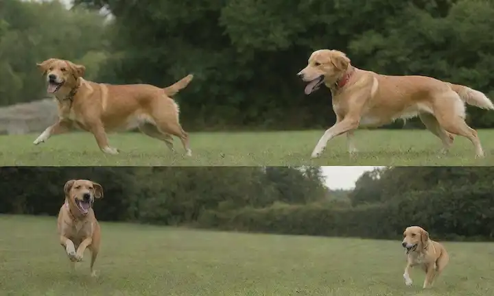 Un collage de un recuperador de oro corriendo en un parque, un perro de raza mixta disfrutando de un aperitivo, un Labrador Retriever abrazando con su dueño, un beagle olfateando un jardín, un gallinero persiguiendo una pelota, un Dachshund acostado en un sofá, un pastor alemán jugando al fetch