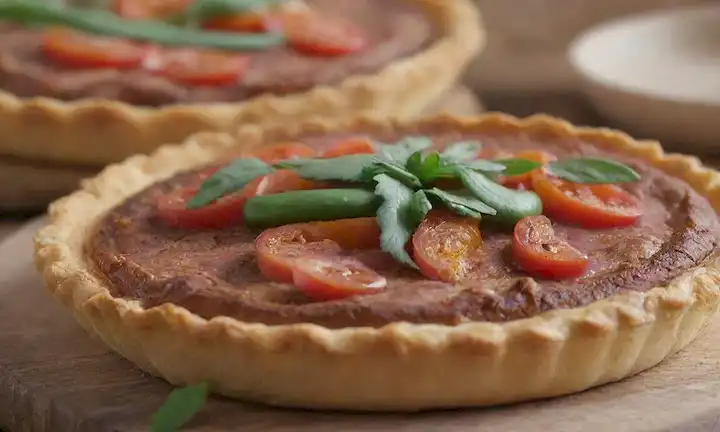 3-4 Tartelettes con costras doradas, rematadas con tiras de carne tiernas y verduras vibrantes, sobre un fondo rústico de madera, adornadas con hierbas frescas, rodeadas de luz natural, transportando calor y solidez