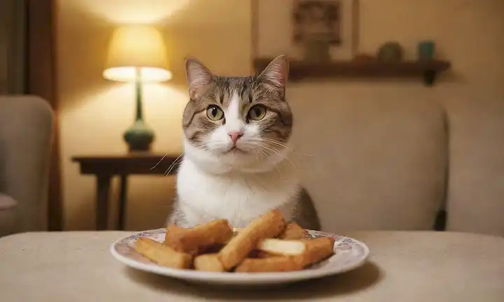 Ilustración Whimsical de un gato feliz con un plato de comida gourmet delante de ella