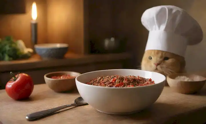 Una mascota feliz, un tazón, una cuchara, un ajuste de mesa, ingredientes frescos, un sombrero de chef, un batido, un fondo de madera, un toque rústico, una iluminación caliente