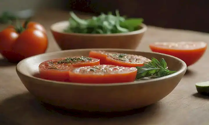 Un entorno rústico de tomate caliente con una mesa de madera, un elegante tazón de cerámica, una rodaja de tomate jugoso, una tierna pieza de corteza y algunas hierbas frescas, con un enfoque suave para destacar la comida