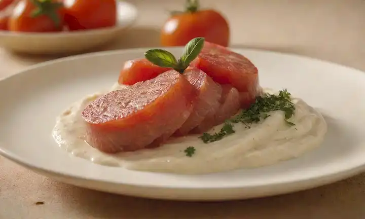 Placa 3D con textura cremosa de puré, rematada con tiernas rodajas de carne búfalo, mitades de tomate frescos, y una rocia de hierbas, engastada contra un cálido fondo beige, con sombras sutiles para la profundidad, y un débil brillo dorado para el atractivo visual