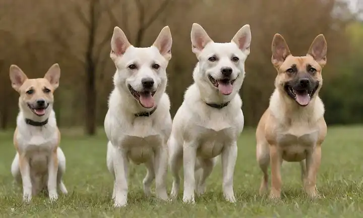 3-4 perros en varias poses, expresión juguetona y amistosa, abrigos blancos y de color marrones, orejas arriba, colas ondulando, contra un fondo brillante con texturas naturales como hierba o madera