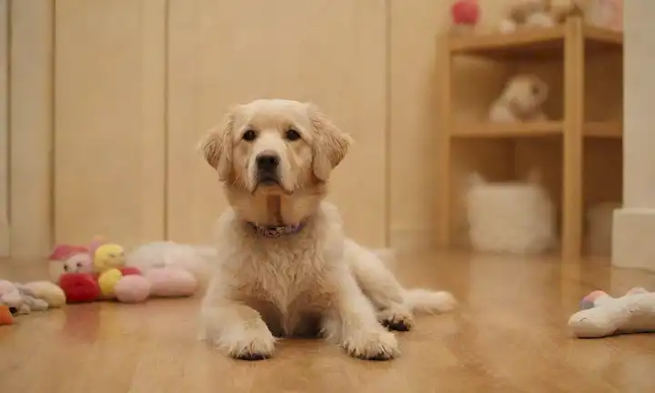 Un perro de ojos suaves con un abrigo suave, sentado en un suelo de madera, rodeado de juguetes y un ambiente tranquilo, transmitiendo lealtad y afecto, con un prominente cabezal, contra un cálido fondo beige, destacando sus características de raza Hovawart