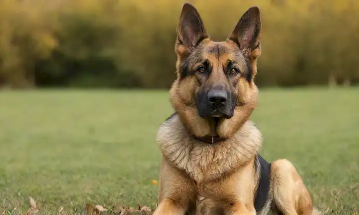 Un perro marrón o dorado como pastor alemán con un abrigo rizado